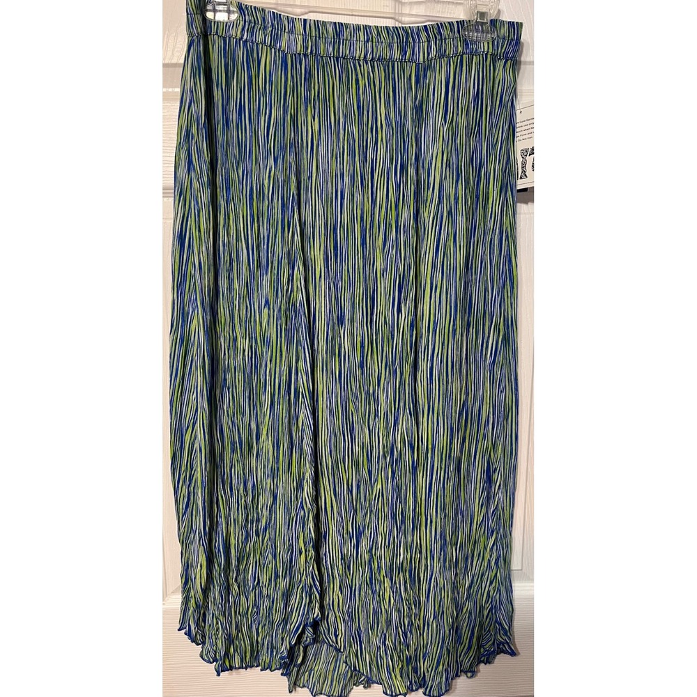 Life Style Woman Blue Green Stripe Crinkle Pleated Maxi Skirt Plus Size 1X NEW